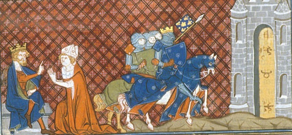 Sige de Clermontpar Louis VI le Gros -  gauche l'vque Aimeric rend hommage au roi - Chroniques de Saint-Denis - British Library